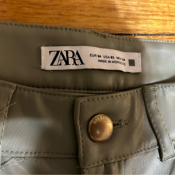 Zara Light Olive Green Color Faux Leather Bootcut Fleece Lined Pants Size 02 - Picture 6 of 11